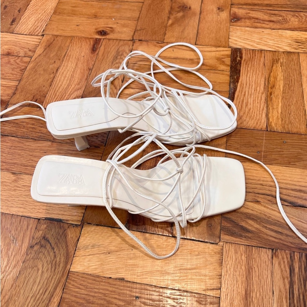 zara heeled strappy leather sandals off white